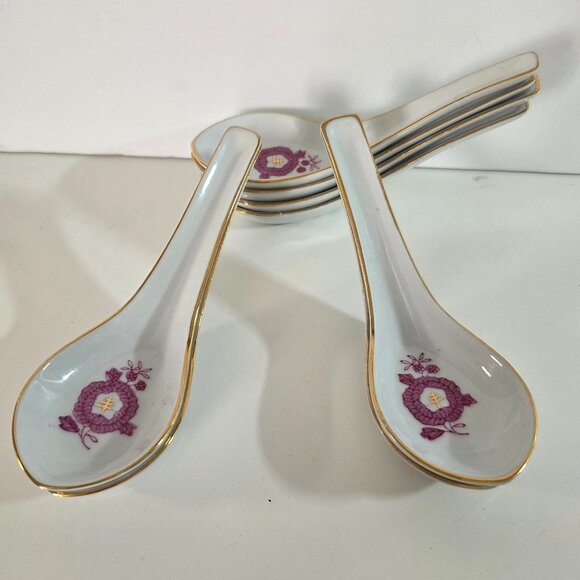 Vintage Chinese Ceramic Spoons White w/ Pink Florals and Gold Trim - Set of 8 - Picture 1 of 3